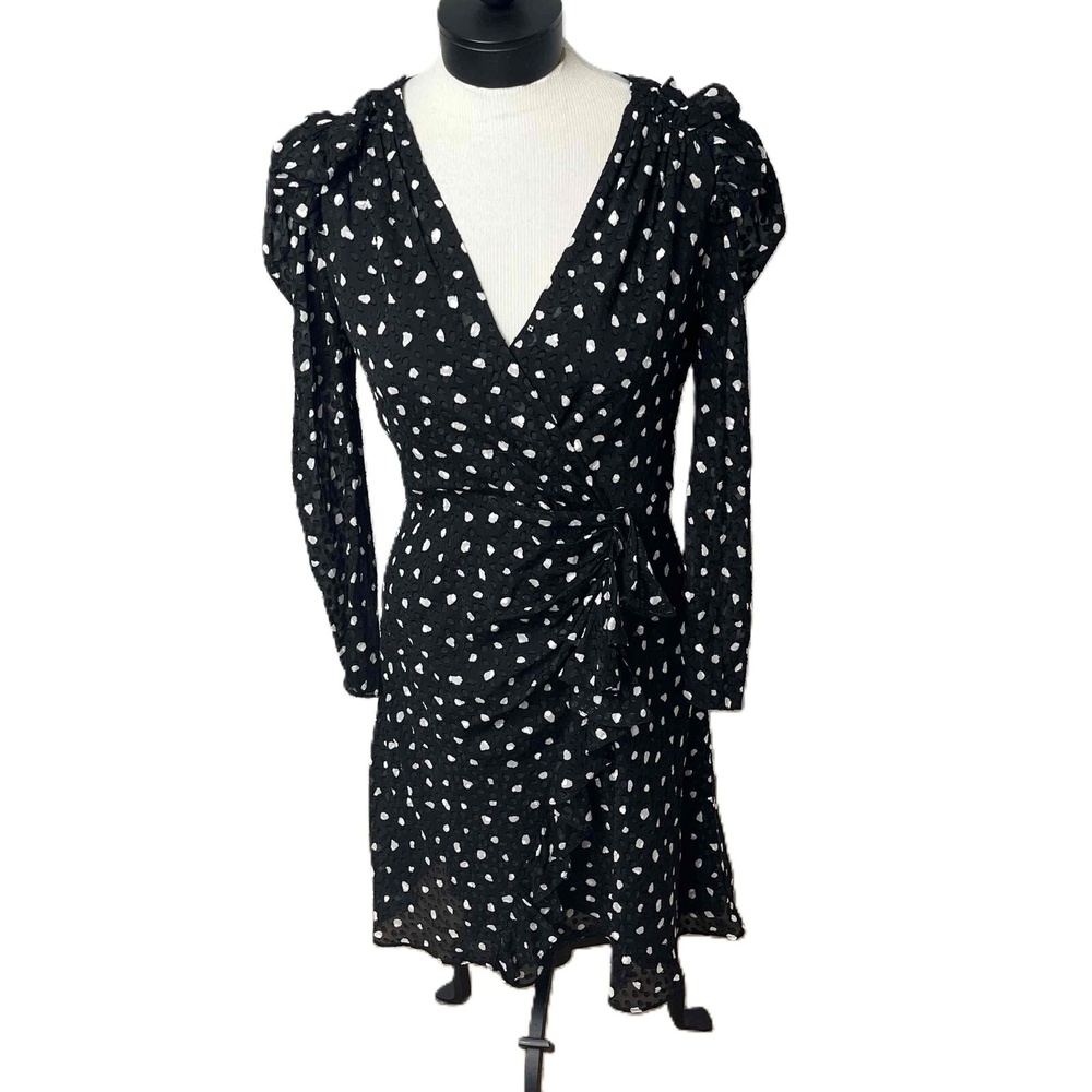 Rebecca Taylor Black Polka Dot Long Sleeve V Neck Silk Faux Wrap Dress‎ Size 4